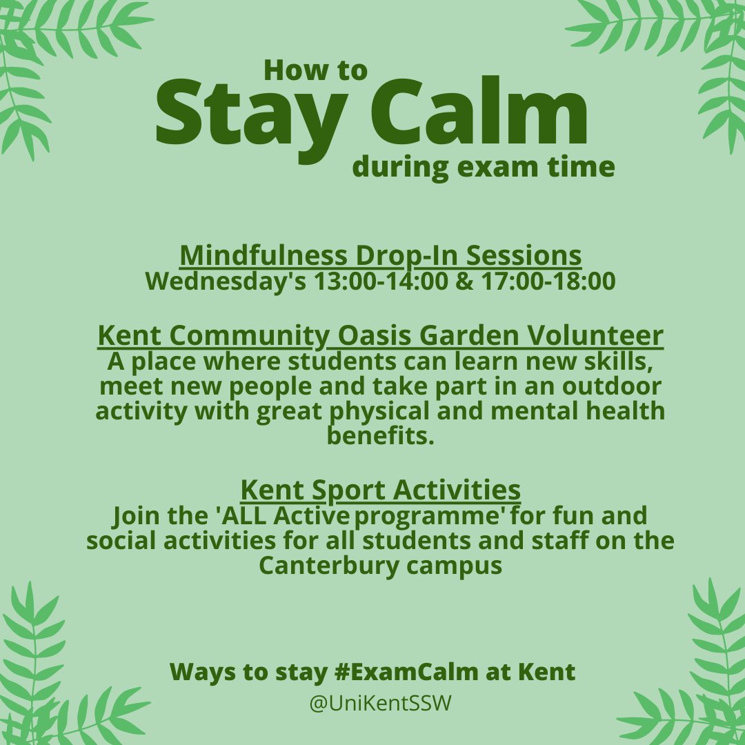 UniKentSSW's tweet photo. Ways to stay #ExamCalm at Kent:

There are many ways to stay calm @UniKent this exam time. Come along to one of the mindfulness sessions, get outdoors with Kent COG, or get involved at Kent Sport. 

For more information, visit our #ExamCalm webpage: https://t.co/Itw3pzsxNg https://t.co/NprD5bFQuZ