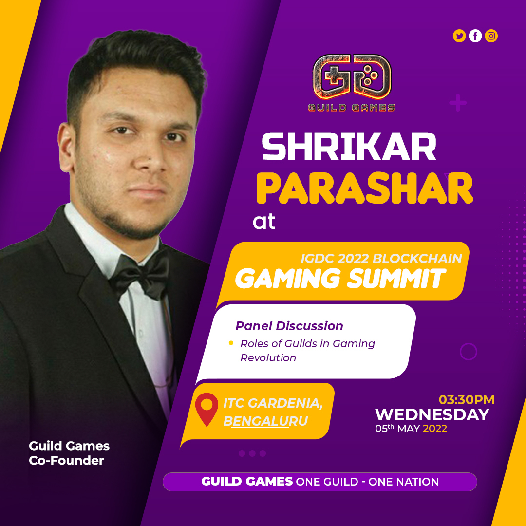 🚨 Join us for the @INDIA_GDC  Indian  Blockchain Gaming Summit with our co-founder  <a href="/shrikarparashar/">shrikar</a> 
 
📅Date: 5th May 3:30 PM IST 
🏛️Location: ITC Gardenia, Bengaluru 

For more updates follow us on: linktr.ee/Guildgames

#GuildGames #IGDC #play2earn #NFTgaming