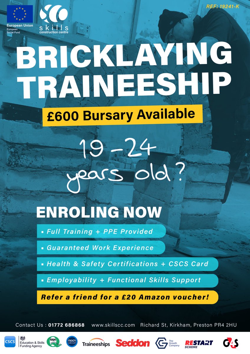 Are you 19-24 and wish to start a career in Bricklaying? Contact Rachel and book your induction at our Kirkham Centre! - 01772 686868
#Skillscc #trade #Construction #Bricklaying #Kirkham #constructiontraining #traineeship #civilengineering