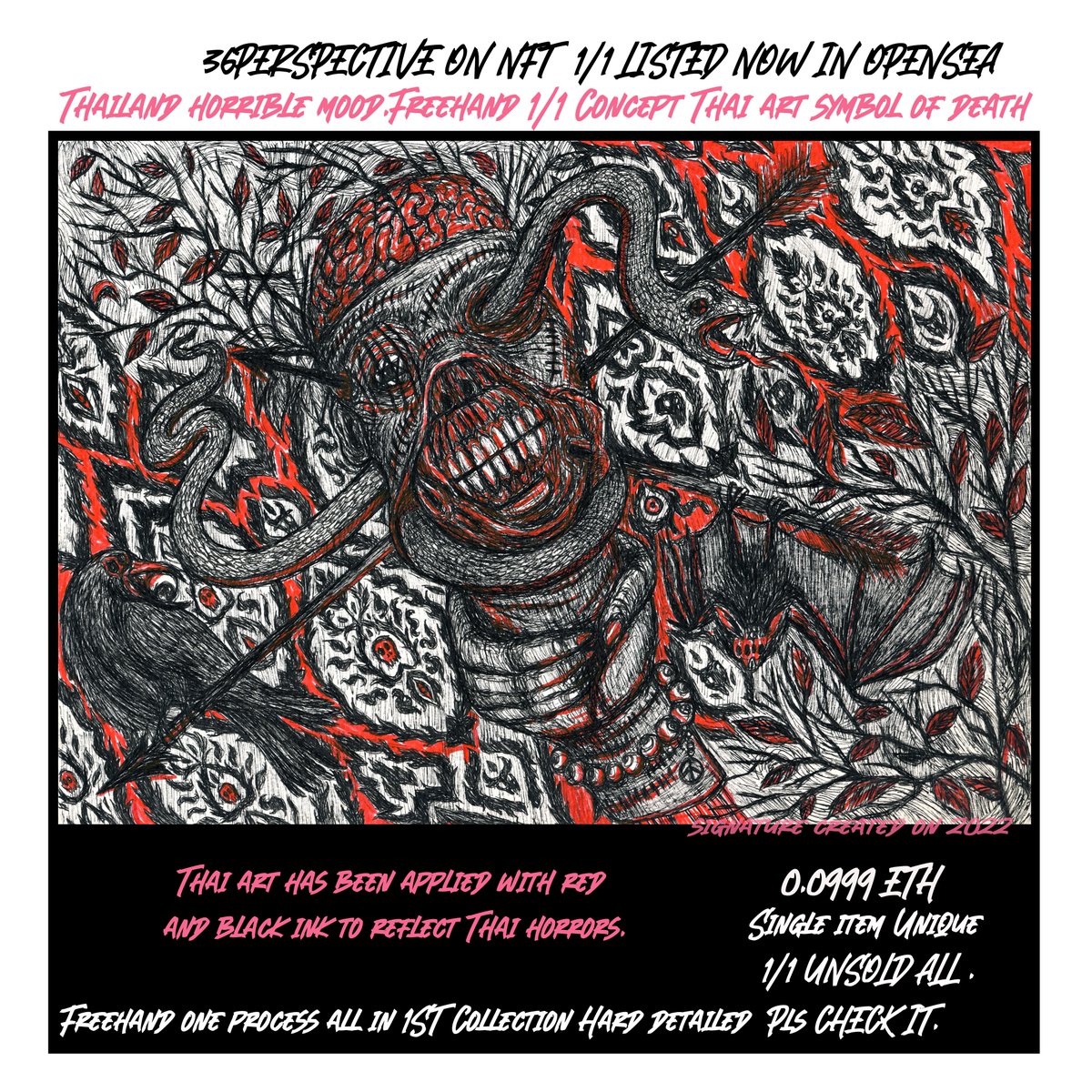 Hi hi listed by 36perspective 1/1💀👁🧬🩸
Thailand horrible mood. Freehand
Thai art symbol of death
Thank for all Support. Pls Check it unsold all.
opensea.io/assets/0x495f9…
#NFTCommunity #NFTartist #NFTCollection #NFTdrop #nftcollector #NFTTHAILAND #NFTshill   #darknft #opensea