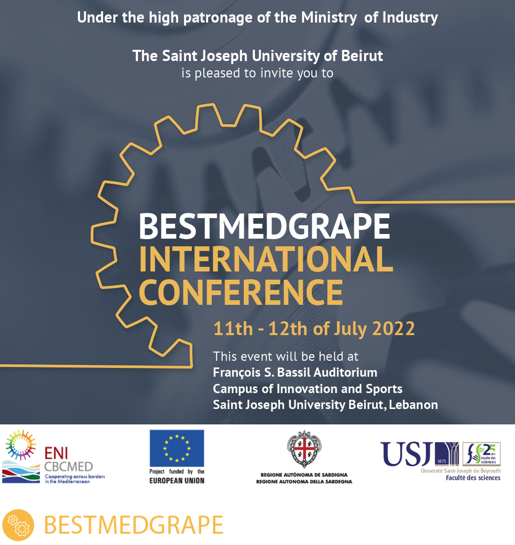 bestmedgrape's tweet photo. The @USJLiban is pleased to invite you to the Final Conference of BESTMEDGRAPE project taking place on the 11th and 12th of July 2022. 
FREE Registrations for this two-day conference will be open until June 30, 2022, through the following link: https://t.co/QX9rDj99qe
@ENICBCMed https://t.co/NEhlzY2PTV