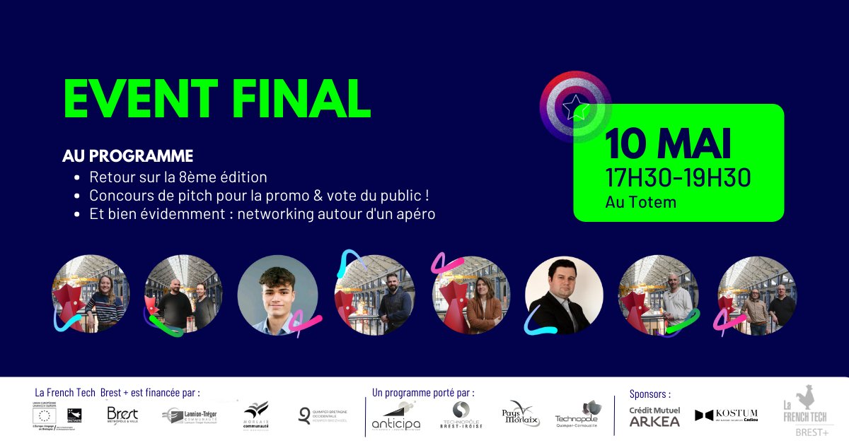 Le mardi 10 mai on parlera entrepreneuriat, startup, innovation et on glissera probablement quelques anglicismes dans les pitchs! 🎉
Venez rencontrer la 8ème promotion de Ouest Startups 
📅10 mai au Totem (Brest) de 17h30 à 19h30 avec un apéro à la clés ! forms.gle/9219QBJnP5GrZz…