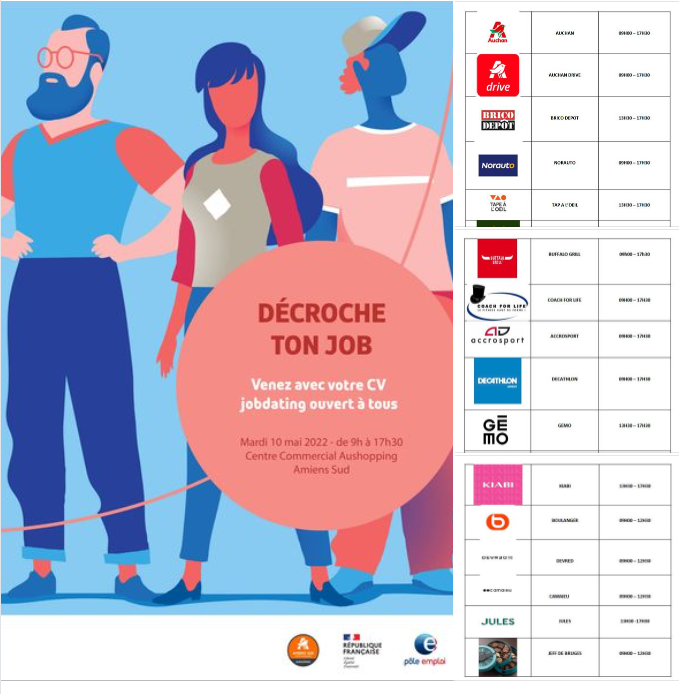 BoucauxLaurent's tweet photo. 🎯A vos agendas @poleemploi_HDF Amiens et AuShopping Amiens Sud  organisent un nouveau JOB DATING   Décroche Ton Job.  Secteurs Commerce et Restauration
📆 Le Mardi 10 Mai 2022 de 9h à 17h30
 Centre commercial AuShopping Amiens Sud (Auchan)
@CCIAmiens @Prefet80 @UMIH_France https://t.co/TwXpiRJvQ0