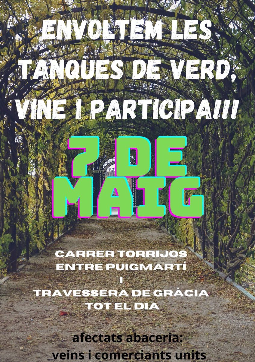 🏫l’ajuntament ha inclòs una 🪨PLAÇA DURA🪨 en el projecte de la reforma del mercat, 🚫NO volem més places dures;
✅VOLEM ZONA VERDA

🏃🏿‍♂️🏃🏼🏃🏻‍♀️baixa el proper dissabte 7 de maig, porta una planta o fes la teva pacarta i envoltem les tanques de verd!
 🪴🪴🪴🌷🌹🌺
t’esperem!💪🏾