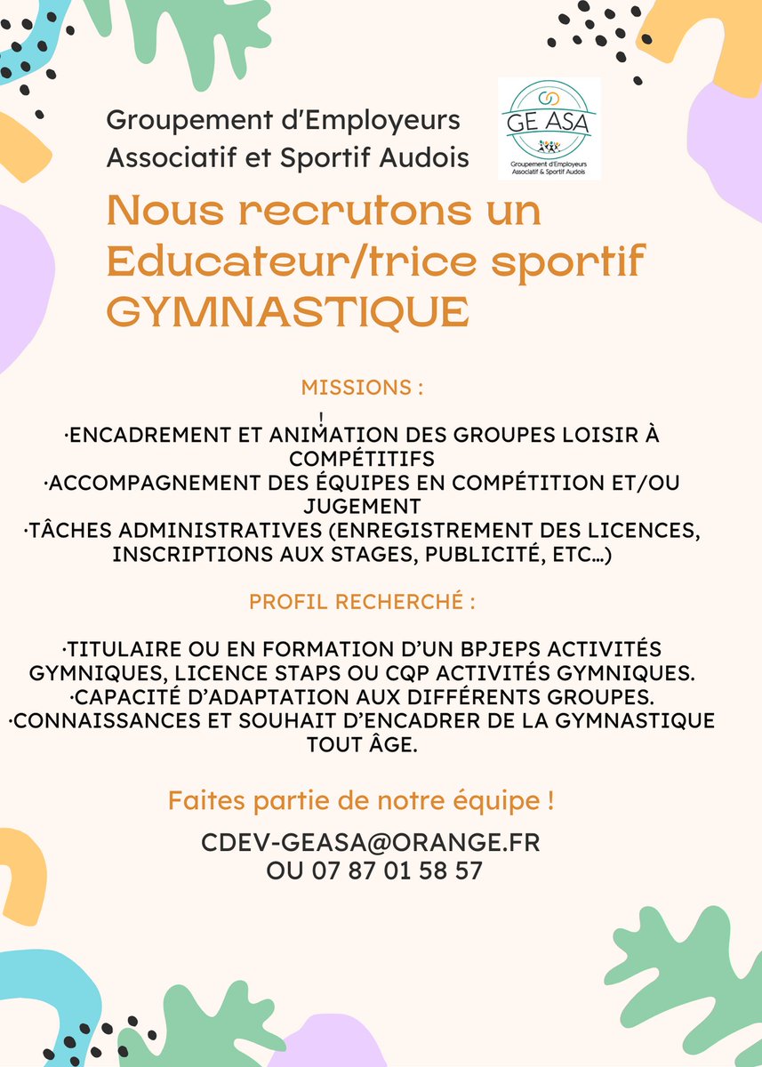 GEASA11's tweet photo. #emploi #aude #occitanie #gymnastique #bpjeps #groupementdemployeurs #GE #GEASA #educateursportif #association #narbonne #carcassonne https://t.co/nswuUN3QwX