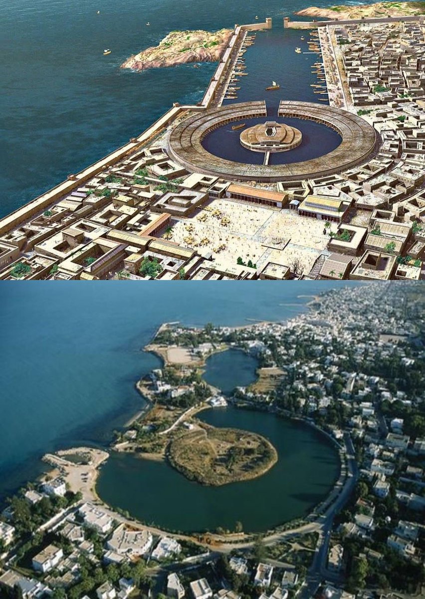 The Punic cothon of Carthage, in modern-day Tunisia, as it would have appeared in the 3rd century BCE compared to today