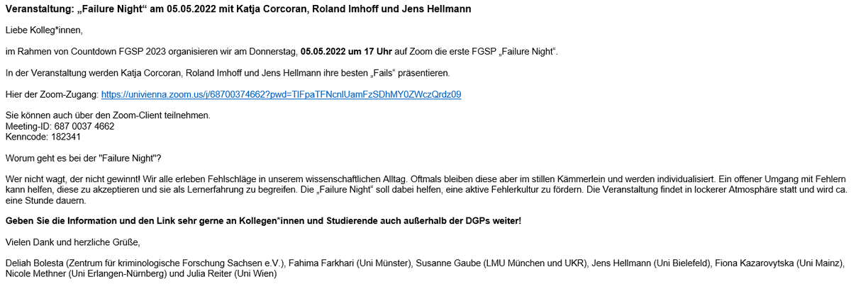🚨Erste <a href="/FGSozPsy/">FGSP</a> "Failure Night"!🥳
🗓️05.05., 17:00
@DeliahBolesta <a href="/ZakFio/">Fiona Kazarovytska</a> Susanne Glaube &amp; Nicole Methner haben für euch einen unterhaltsamen Abend vorbereitet!
🌟starring Katja Corcoran, <a href="/rolandimhoff/">Roland Imhoff</a> und <a href="/jhhellmann/">Jens Hellmann</a>!
🖥️ Zoom: univienna.zoom.us/j/68700374662?…
Gerne teilen!
<a href="/DGPs_JuMis/">DGPs JuMis // ECRs</a>