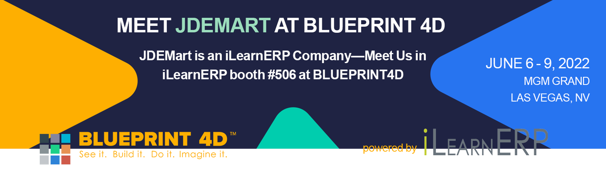 JDEmart_com's tweet photo. Drop by and catch up! Meet Us in iLearnERP booth #506 at #BLUEPRINT4D —JDEMart is an @iLearnERP Company https://t.co/bA2cHuS0Oi
