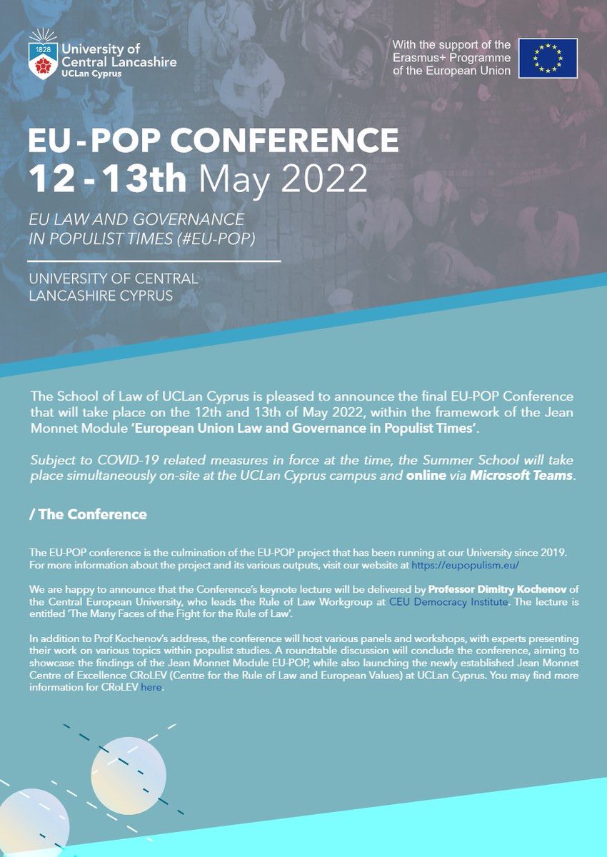 The Interdisciplinary Journal of Populism (@thepopulism) on Twitter photo We’re delighted to announce the EU-POP Conference on EU Law at <a href="/UCLanCyprus/">UCLan Cyprus</a> on the 12th and 13th of May 2022. The keynote lecture will be delivered by <a href="/ProfKochenov/">Dimitry Kochenov</a>, who will be joining us in person. For more details and to register visit eupopulism.eu/eu-pop-confere…
#eupop #populism We’re delighted to announce the EU-POP Conference on EU Law at <a href="/UCLanCyprus/">UCLan Cyprus</a> on the 12th and 13th of May 2022. The keynote lecture will be delivered by <a href="/ProfKochenov/">Dimitry Kochenov</a>, who will be joining us in person. For more details and to register visit eupopulism.eu/eu-pop-confere…
#eupop #populism