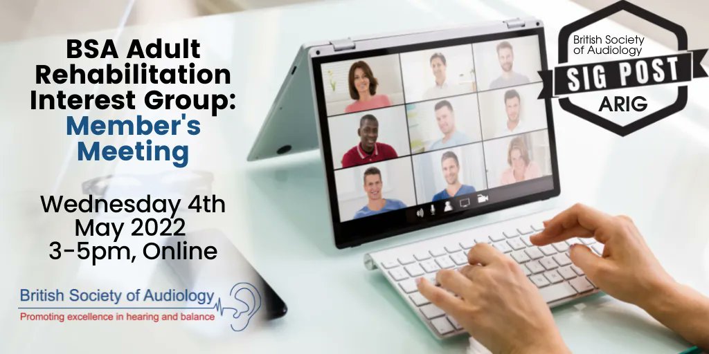 Don’t forget the BSA Adult Rehabilitation Interest Group members’ meeting is online tomorrow (4th May) from 3-5pm

Register online: buff.ly/34c6PJV 

#audiology #audpeeps #hearing #hearingloss #auditoryresearch #tinnitus #adultauralrehabilitation