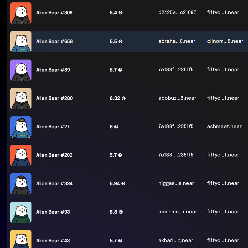 My friends <a href="/illuminfti/">イルミ「🦑」(ii Arc)</a> just swept 7+ <a href="/alienbearcrew/">Alien Bear Crew</a>.

Fam show some love to this new bearwhale 

(the fiftycent wallet)