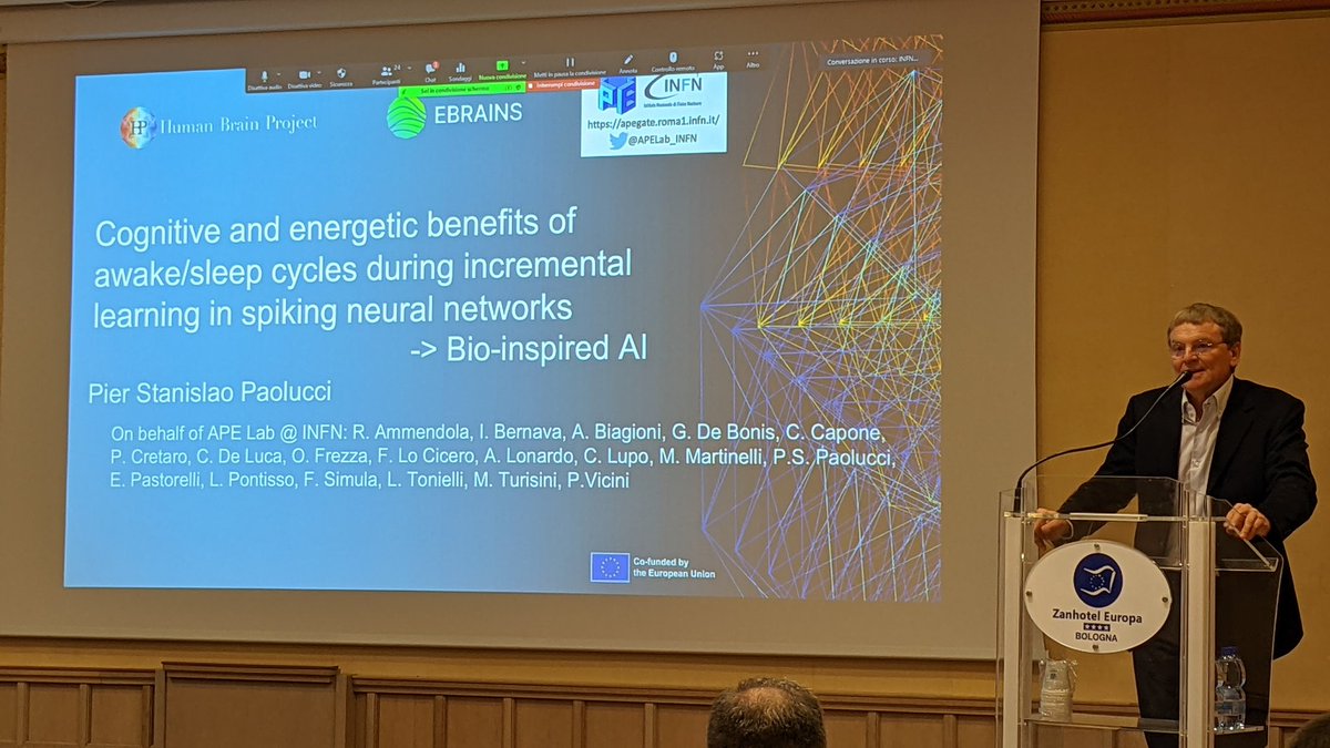 APELab_INFN's tweet photo. P.S. Paolucci on stage at AI@INFN illustrating APELab's activities aimed at bio-inspired AI
#AI #ArtificialIntelligence #INFN #APElab #Computing #SleepAwakeCycles #Sleep #CognitiveFunctions #bioInspired #DataDrivenModels #Consiousness #Cognition #HBP #HumanBrainProject #EBRAINS https://t.co/7kMVTi3gCN
