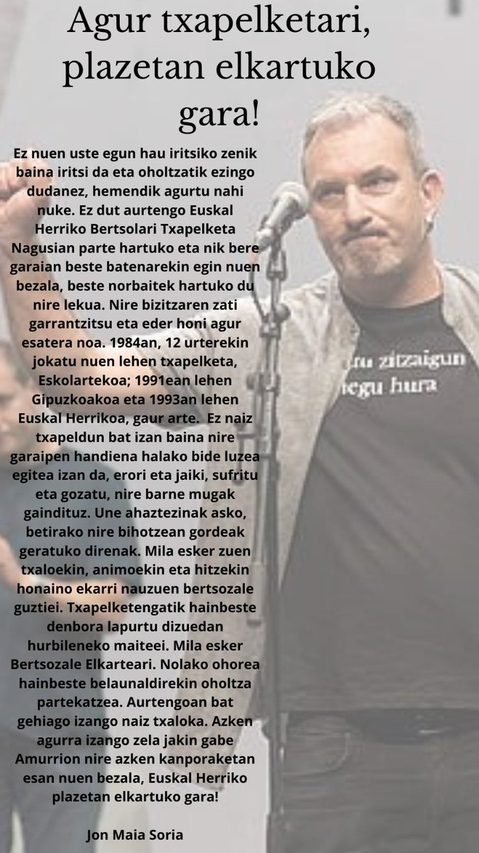 maia_jon's tweet photo. Betirako eskertua, agur txapelketari!
Bidaia luze eta ederra izan da, nire bizitza.
Hemen Euskal Herriko Txapelketa Nagusi batean botatako azken agurra:
https://t.co/JxW7kkEXVN https://t.co/n4LPhC7v28