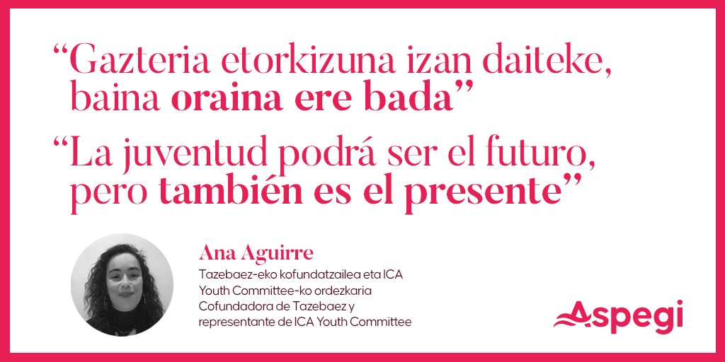 Nuestra colaboradora Ana Aguirre, cofundadora y socia trabajadora de <a href="/TAZEBAEZ/">TAZEBAEZ</a>, fue elegida representante de ICA Youth Committee y presidenta de Global Youth Network, que buscan fomentar la presencia de la juventud en la alianza internacional de cooperativas. Zorionak, <a href="/AAgirre/">Ana Aguirre</a>!