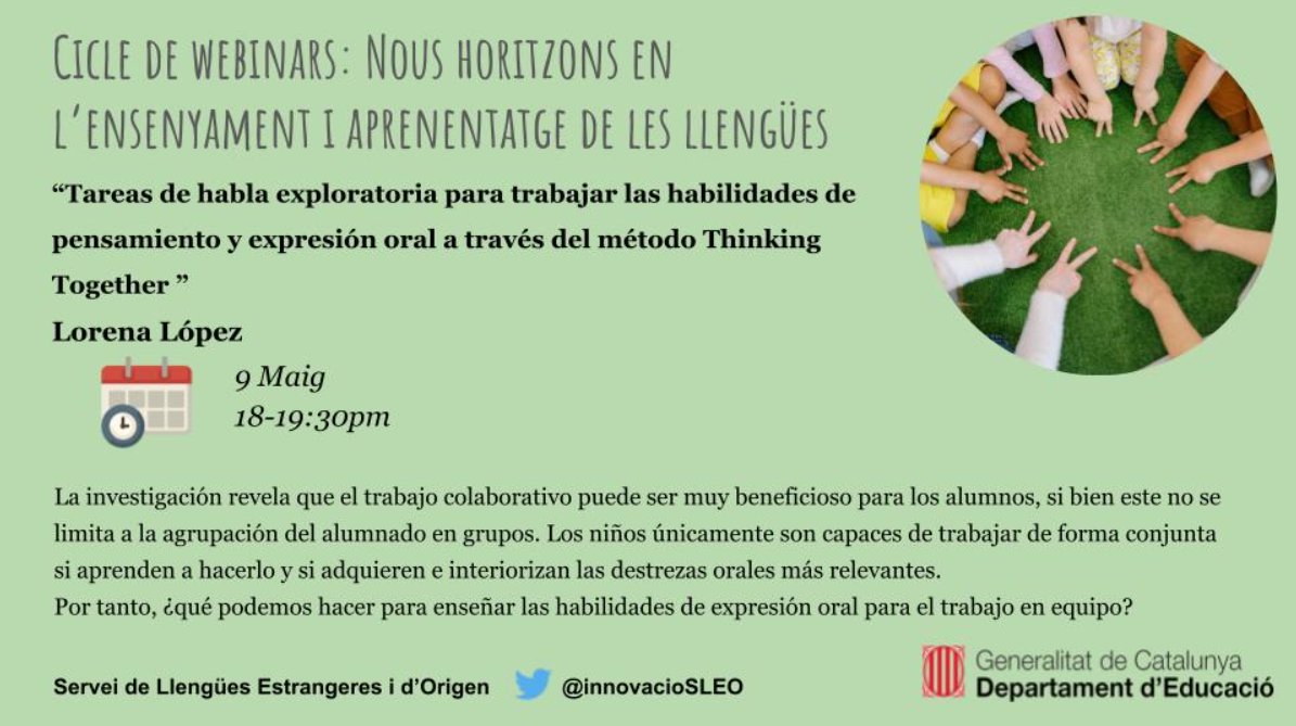 InnovacioSLEO's tweet photo. Webinar #8!!! 

El proper dilluns 9 de maig "Tareas de habla exploratoria para trabajar las habilidades de pensamiento y expresión oral a través del método #ThinkingTogether" amb la Lorena López.

#ExploratoryTalk #CollaborativeWork #CooperativeWork

@sllengua @educaciocat https://t.co/XPu8D9D9KW