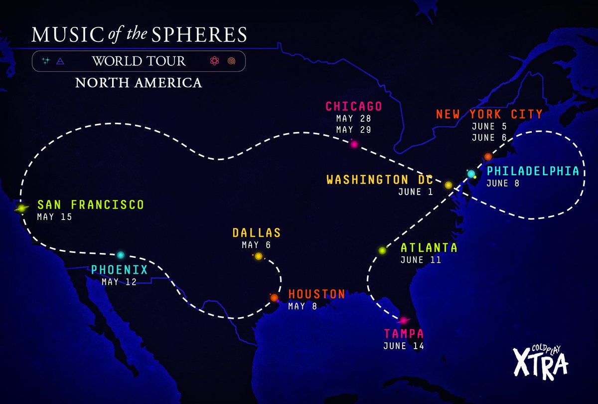 Coldplay • #MusicOfTheSpheresWorldTour • Leg #2 • 12 shows • May 6 - June 14 🇺🇸

🎟 coldplay.com/tour