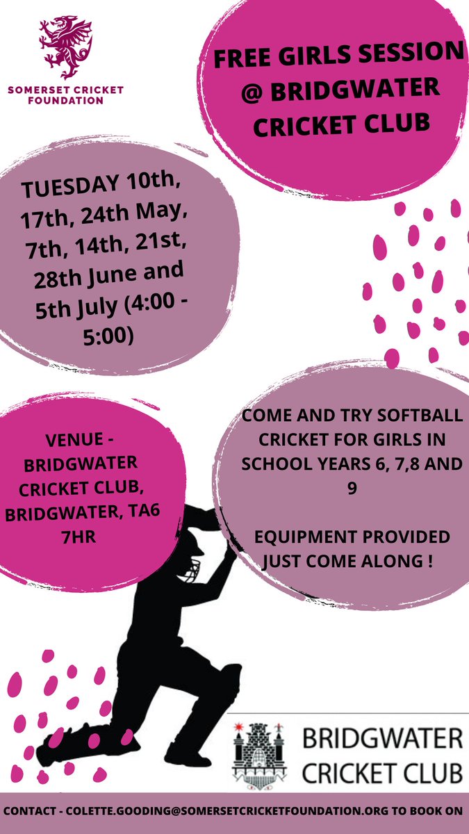 With the support of <a href="/ChardCricket/">Chard Cricket Club</a> and <a href="/BridgyCC/">Bridgwater CC</a> we will be hosting free U13s Girls sessions this summer 👇

📍<a href="/BridgyCC/">Bridgwater CC</a> 
📍<a href="/ChardCricket/">Chard Cricket Club</a> 

🔗Booking Link - forms.office.com/r/f5w50t1KHC

For more information contact - Colette.gooding@somersetcricektfoundation.org