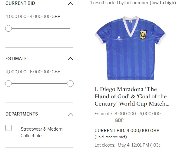 A 24 horas de la finalización de la subasta de la camiseta del Diego, la oferta base sigue siendo de 4 millones de libras. En <a href="/Sothebys/">Sotheby's</a> sostienen que los pretendientes aparecerán a partir de ahora y que el ganador se la llevará por un monto mayor a los 8 millones.