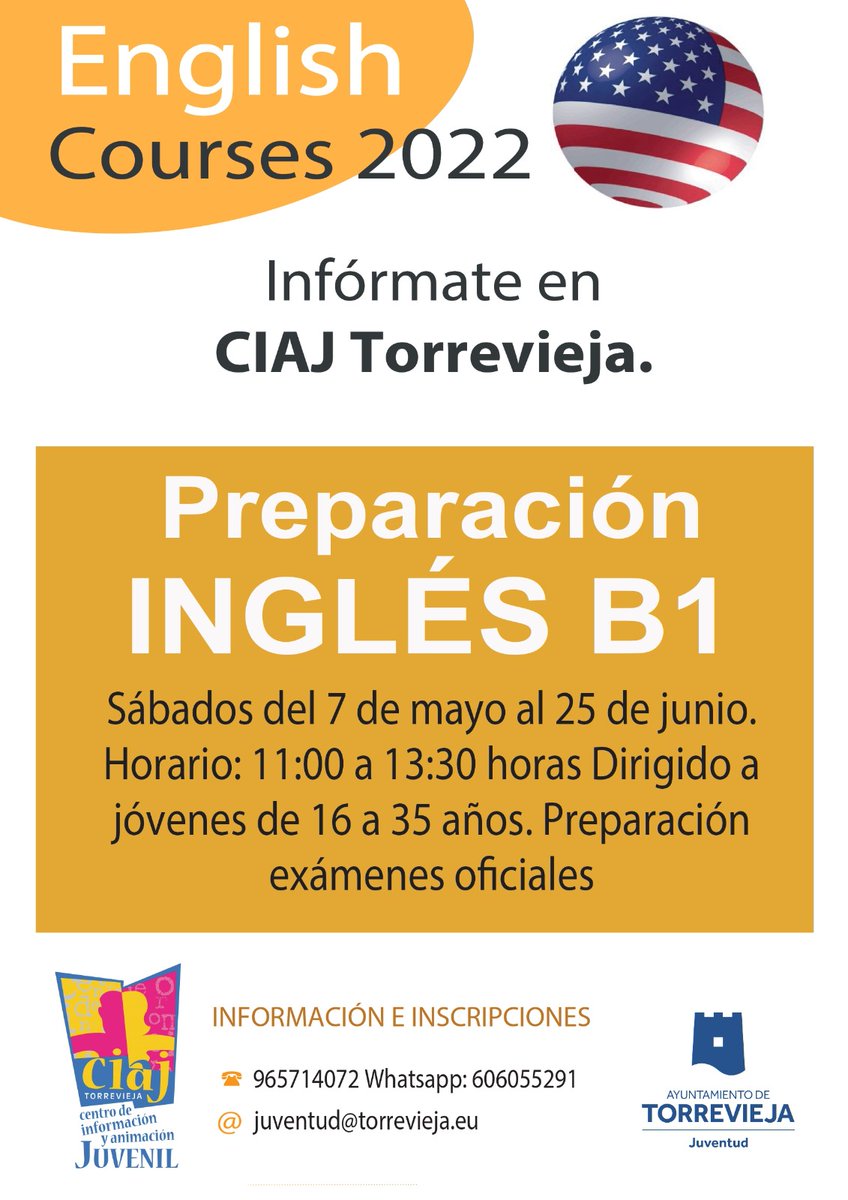➡English 2022 
ℙ𝕣𝕖𝕡𝕒𝕣𝕒𝕔𝕚ó𝕟 𝕀𝕟𝕘𝕝é𝕤 𝔹𝟙
 
🗓Sábados del 7 de mayo al 25 de junio
🕔 de 11:00h a 13:30h 
👩‍🦰dirigido a jóvenes de 16 a 35 años. 

ℹ️Infórmate en CIAJ Torrevieja

✅Preparación exámenes oficiales

#poryparatorrevieja #torrevieja #examenes #oficiales