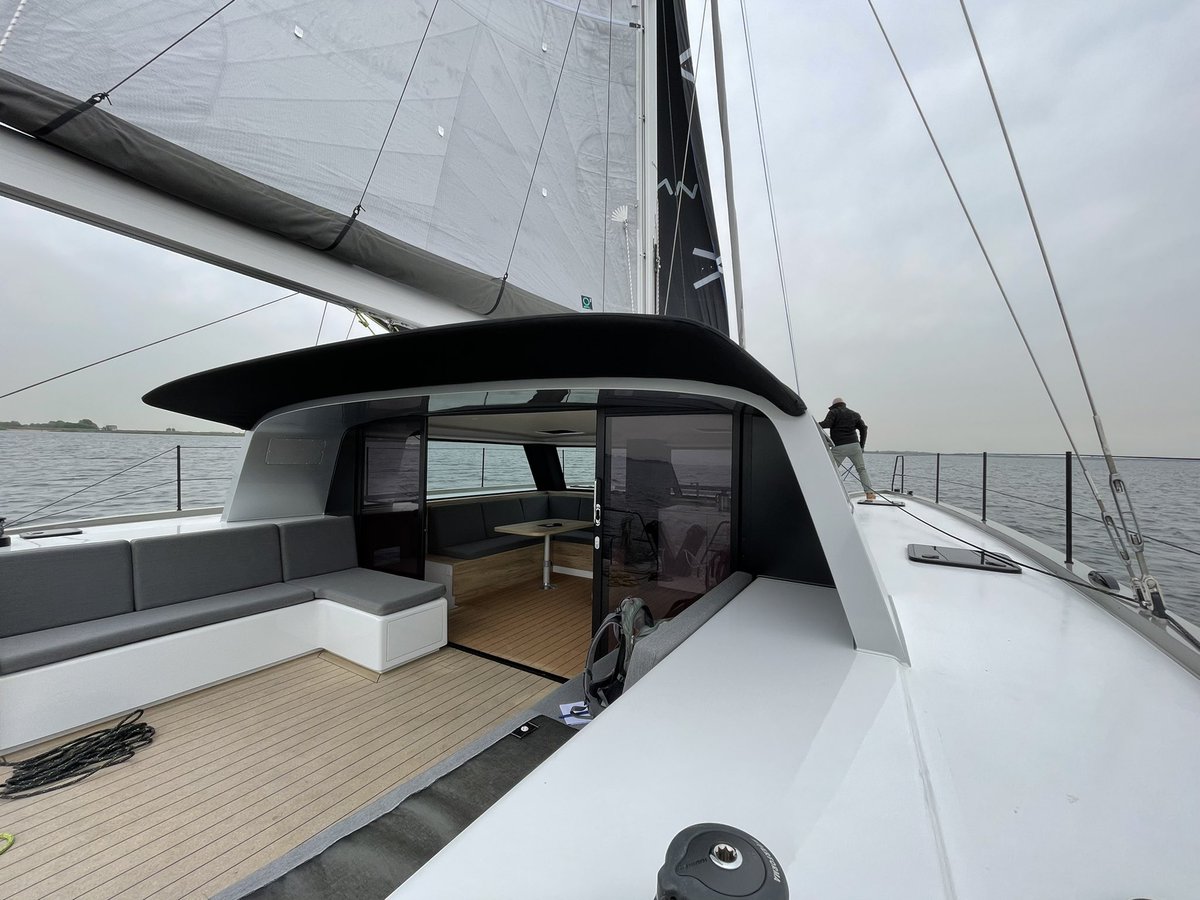 Thrilled to be the first journalist to get a sneaky test #sail on <a href="/vaanyachts/">vaanyachts</a> new #R4 catamaran, with its ergonomic Apple looks and great feel on the helm. Made from recycled road signs, too!