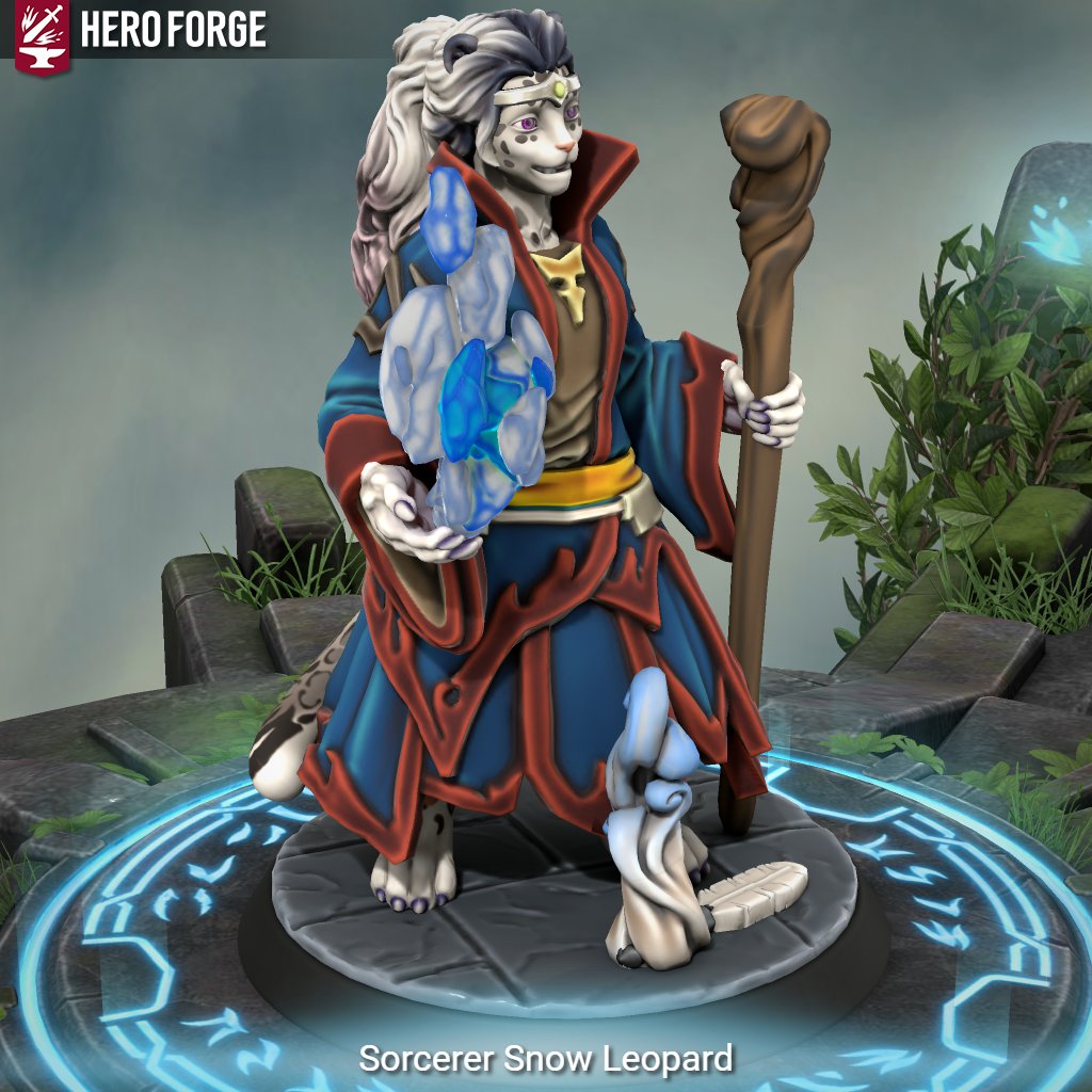 As part of my collaboration with <a href="/StriatheSnowMew/">Tika</a> , I have two more #DnD Furries made in <a href="/HeroForgeMinis/">Hero Forge</a> . Today we have a Ranger Fox (heroforge.com/load_config%3D…) and his animal companion, and a Snow Leopard Sorceress.(heroforge.com/load_config%3D…)