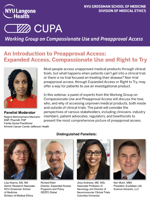 rei_marshall's tweet photo. Webinar starting at 12pm EDT today: "An Introduction to Preapproval Access: Expanded Access, Compassionate Use & Right to Try"
Panelists include @LisaKearnsNYC @Cybersolomon, Dr. Jinsy Andrews and Richard Klein
Hosted by #CUPAethics cochairs @ABatemanHouse @ArthurCaplan https://t.co/2DCMCniJzC