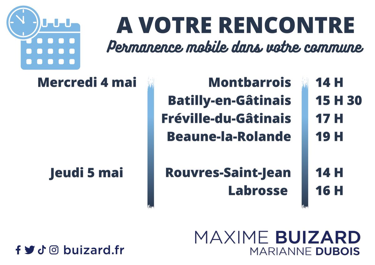 MaximeBuizard's tweet image. À votre rencontre, départ demain de la tournée des communes de la 5ème circonscription du Loiret avec la permanence mobile, et réunion publique à Beaune-la-Rolande demain soir 19h à la salle du mail. #legislatives2022