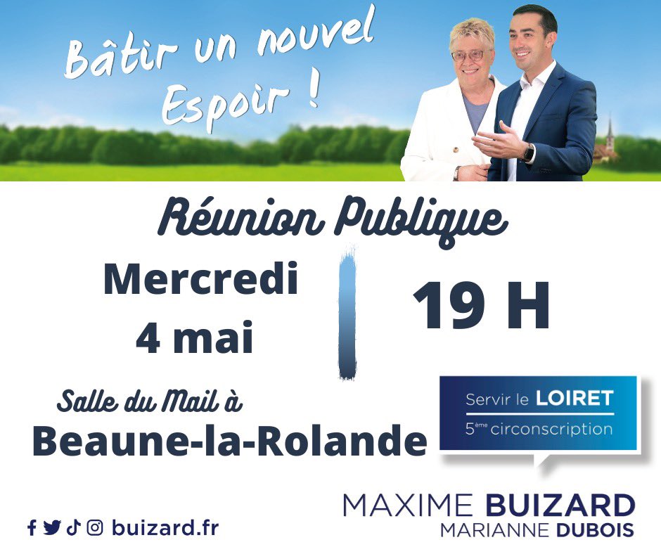 MaximeBuizard's tweet image. À votre rencontre, départ demain de la tournée des communes de la 5ème circonscription du Loiret avec la permanence mobile, et réunion publique à Beaune-la-Rolande demain soir 19h à la salle du mail. #legislatives2022