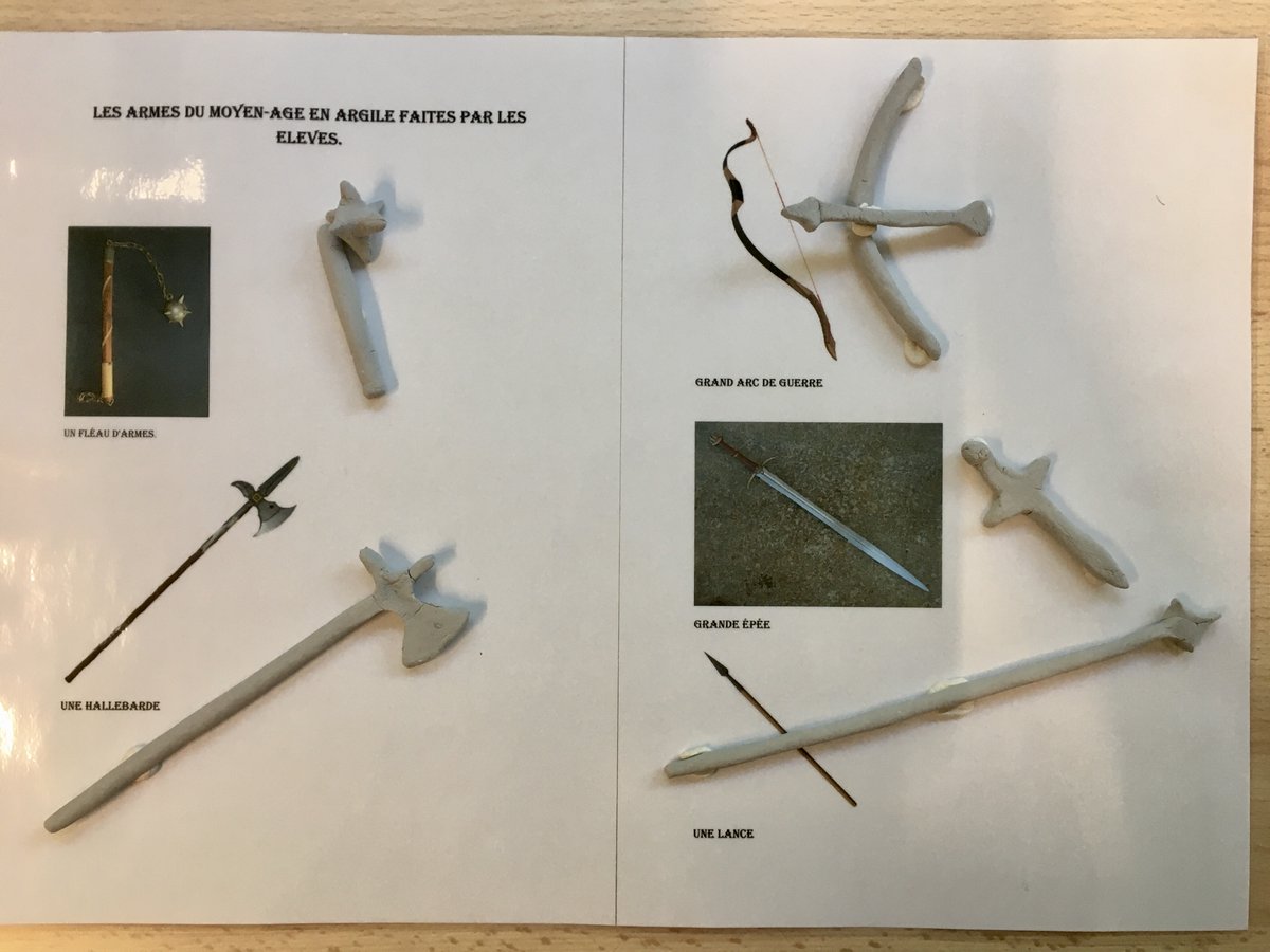 Lewillerhof's tweet photo. Atelier Histoire UEE Erstein : une Exposition qui prend forme ! 
Maquette transportable grâce à ses sangles fixées
Armes du Moyen-Age en argile
Abécédaire Vocabulaire autour du Château-Fort et ses définitions à placer (jeu à scratchs) sur la maquette 
Réalisés par Maxime et Aksel https://t.co/9lDruSh8MQ