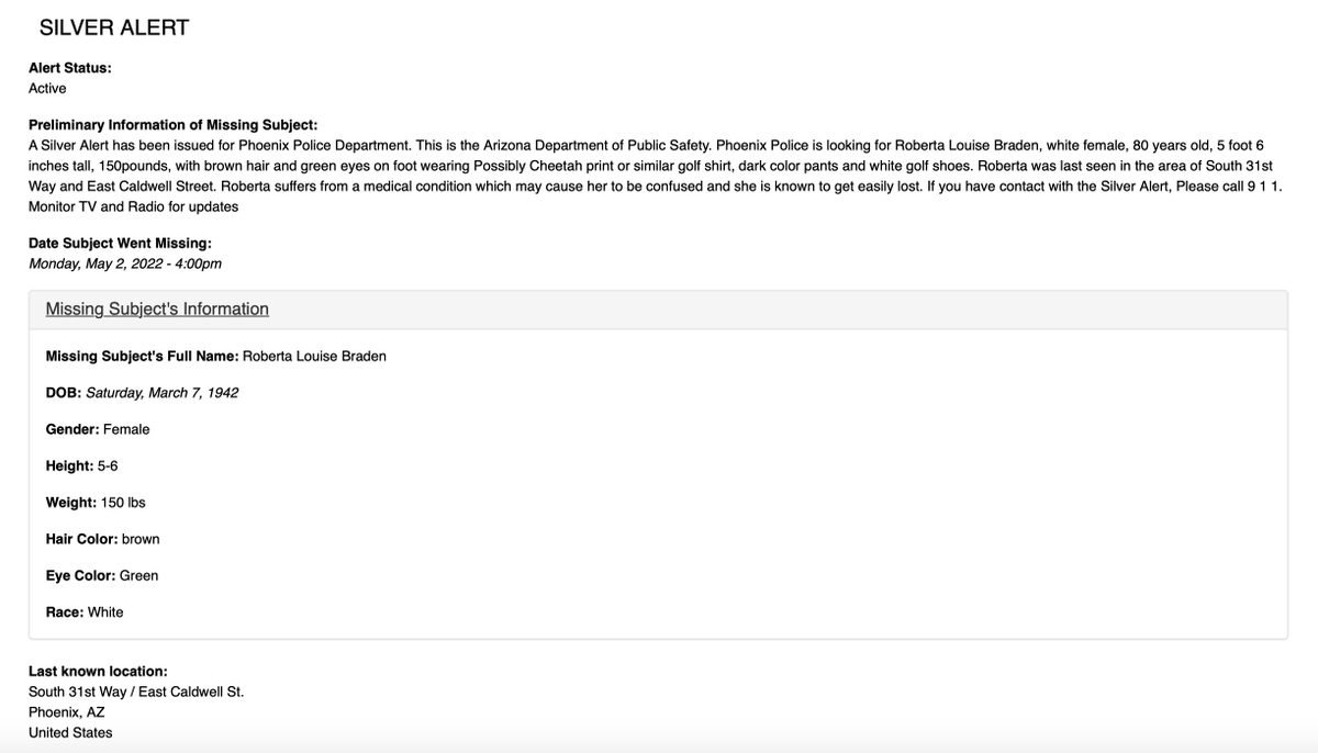 alanisnking's tweet image. Hi everyone! A dear friend’s mother went missing in Phoenix on Monday, and while most of you likely aren’t in the area, it only takes one person to help find her.

If you have information or can share this, it would be really appreciated:

azdps.gov/content/silver…