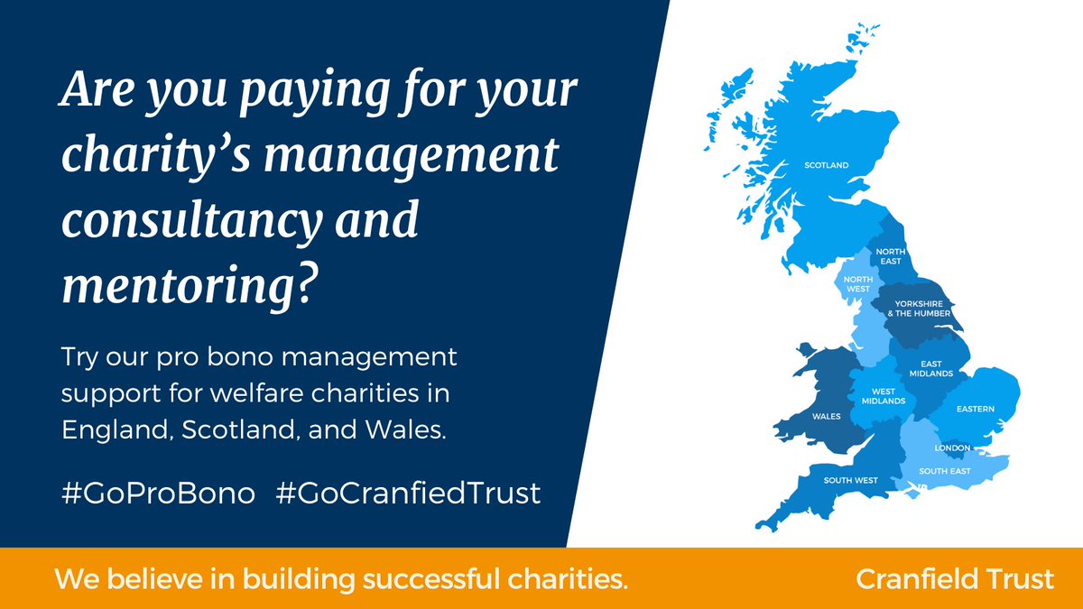 CranfieldTrust's tweet photo. Are you a welfare charity registered in England, Scotland, or Wales? You can access our management consultancy, mentoring, and telephone advice service free of charge. 

Save money on paid for services and #GoProBono! 

Find out more here >> https://t.co/TRGxy5RC6o https://t.co/BOrTSEi5Bx