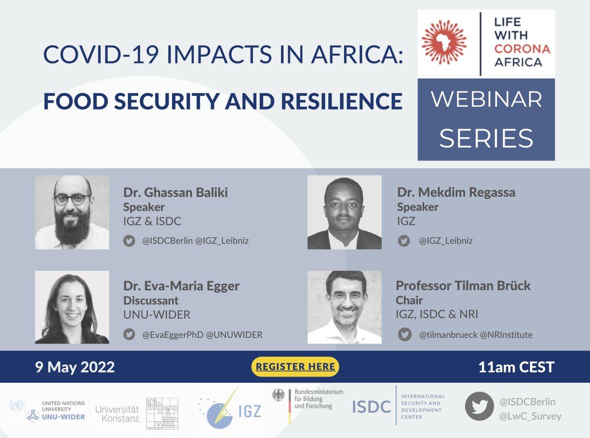Join us next week for the first session of our COVID-19 Impacts in Africa Webinar Series.

Experts will share findings on #FoodSecurity and #resilience.

Discussion by <a href="/EvaEggerPhD/">c</a> 

📅  9 May 2022, 11am CEST.

➡️ Register igzev-de.zoom.us/webinar/regist…

<a href="/igz_leibniz/">IGZ</a> <a href="/UNUWIDER/">UNU-WIDER</a>