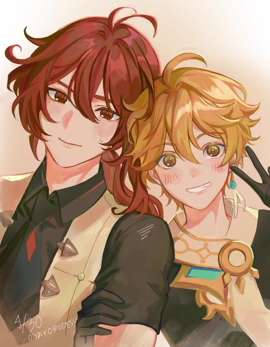 belated birthday art for my aether and diluc heheheheheh same borthday 