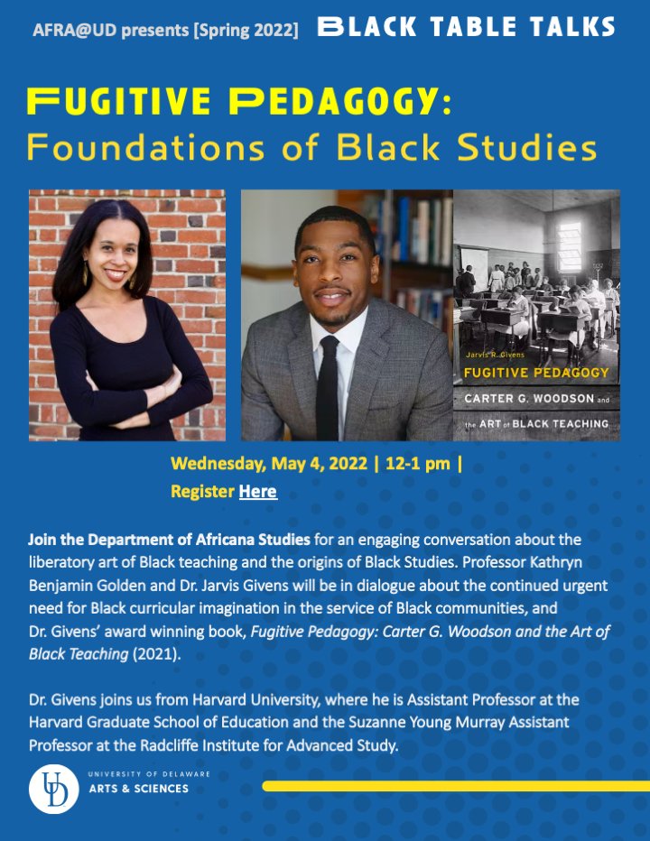 It's dangerous and transgressive to be out here teaching, learning, and studying, while Black. Come hear about how we have, and will continue to do so anyway. <a href="/jarvisrgivens/">Jarvis R. Givens</a> RSVP: udel.zoom.us/meeting/regist…
