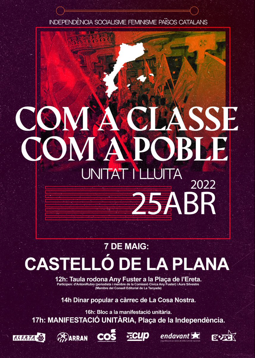 7 maig JORNADA DE LLUITA a Castelló de la Plana per la Diada Nacional del País Valencià!

[A LA PLAÇA L'ERETA]

🎙️12h Taula rodona Any Fuster

🥘14h Dinar popular

🚩16h Organització bloc combatiu

📢17h MANIFESTACIÓ UNITÀRIA (Pl. Independència)

ARA I SEMPRE, SOM PAÍS VALENCIÀ