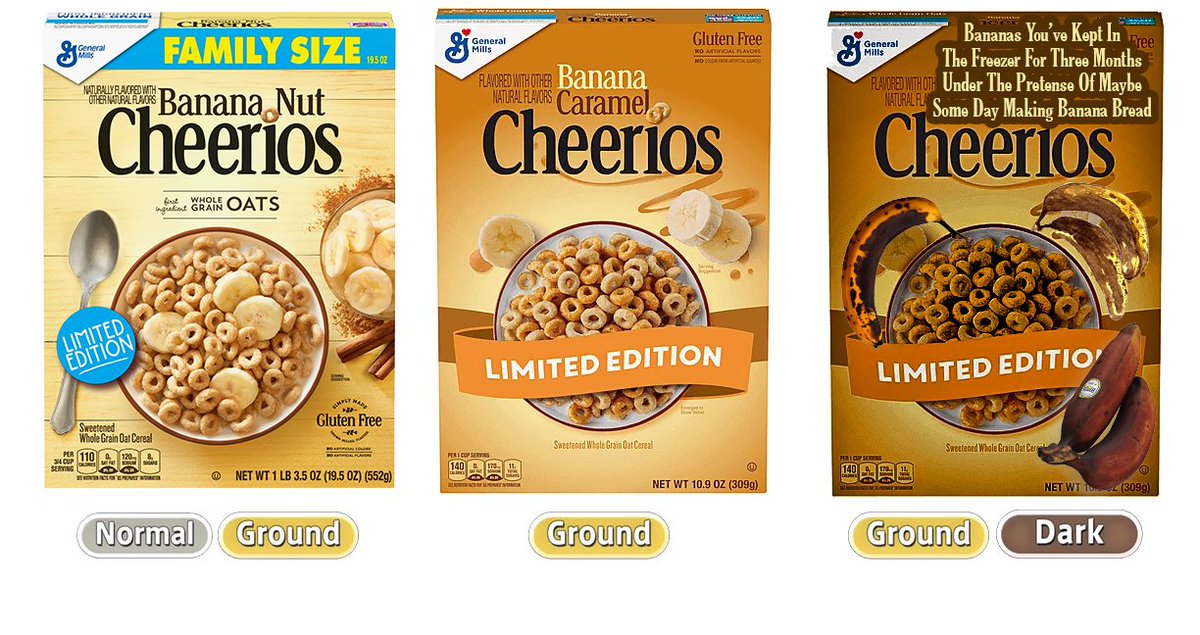 cerealouslynet's tweet photo. With the introduction of Banana Caramel Cheerios, my game theory is that they're the mid-stage evolution in a line of progressively "browner" tasting banana Cheerios. https://t.co/euSLCyT0ag