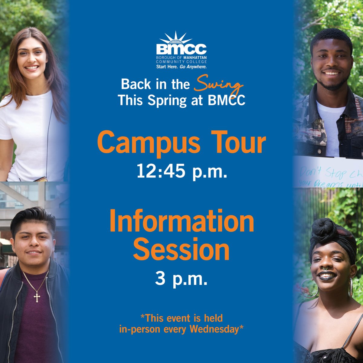 Get back into the swing of things this Spring at BMCC! 🍃 🎒
BMCC is now offering In-Person Information Sessions and Campus Tours every Wednesday, as an addition to our virtual options.
Sign up/Learn more: bit.ly/BackInSwingFor… #StartHereGoAnywhere #BMCC #OpenHouse