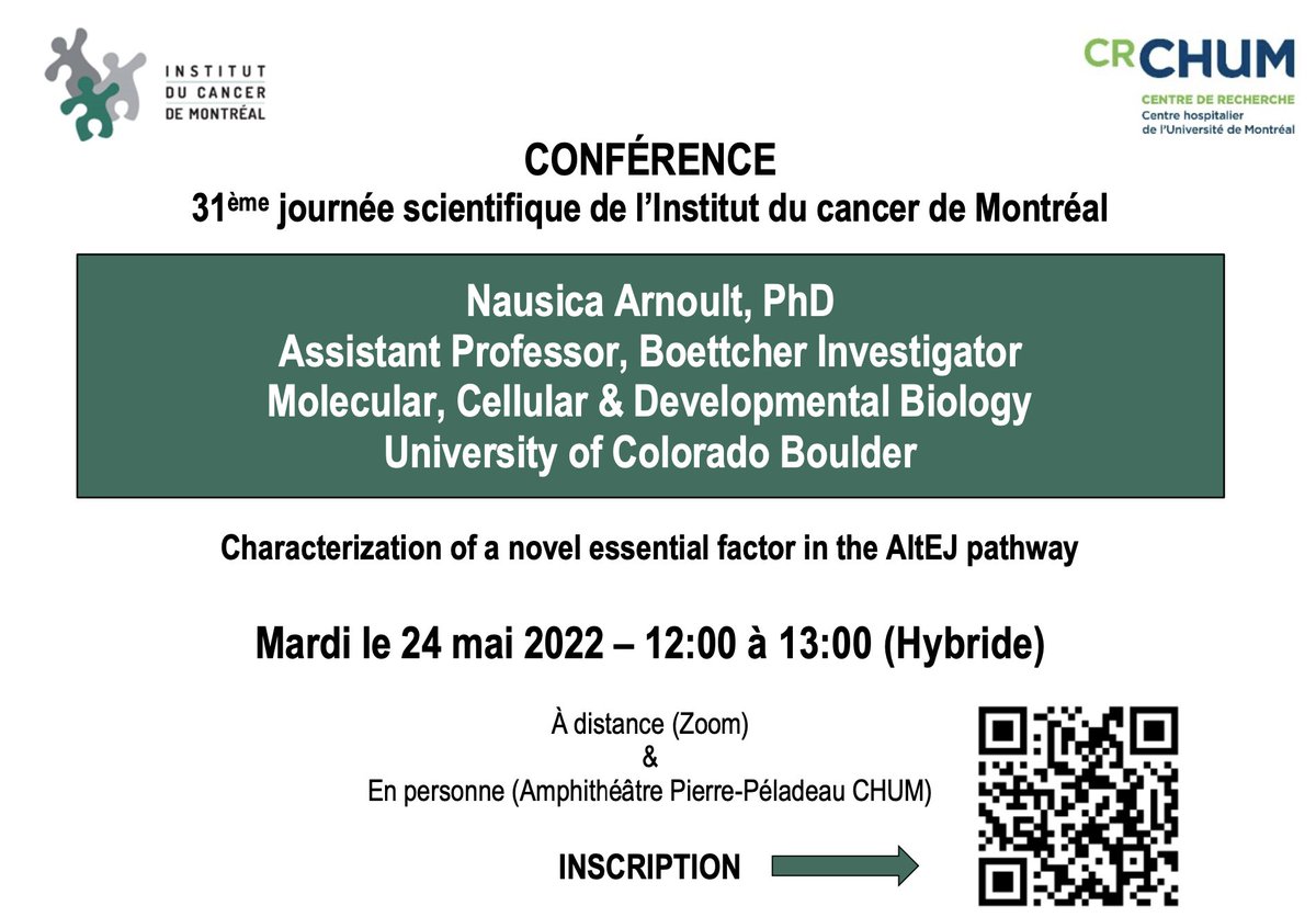 Maxime Cahuzac (@maximecahuzac) on Twitter photo Dre. Arnoult de <a href="/CUBoulderMCDB/">MCDB at CU Boulder💉😷🧬</a> sera notre conférencière invitée lors de la 31ème journée scientifique de l'Institut du cancer de Montréal le 24 mai prochain. Elle nous parlera de #DNArepair!
<a href="/CRCHUM/">Centre de recherche du CHUM</a> @ArnoultLab
Pour s'inscrire: servicesenlignechum.ca/event/journee-… Dre. Arnoult de <a href="/CUBoulderMCDB/">MCDB at CU Boulder💉😷🧬</a> sera notre conférencière invitée lors de la 31ème journée scientifique de l'Institut du cancer de Montréal le 24 mai prochain. Elle nous parlera de #DNArepair!
<a href="/CRCHUM/">Centre de recherche du CHUM</a> @ArnoultLab
Pour s'inscrire: servicesenlignechum.ca/event/journee-…