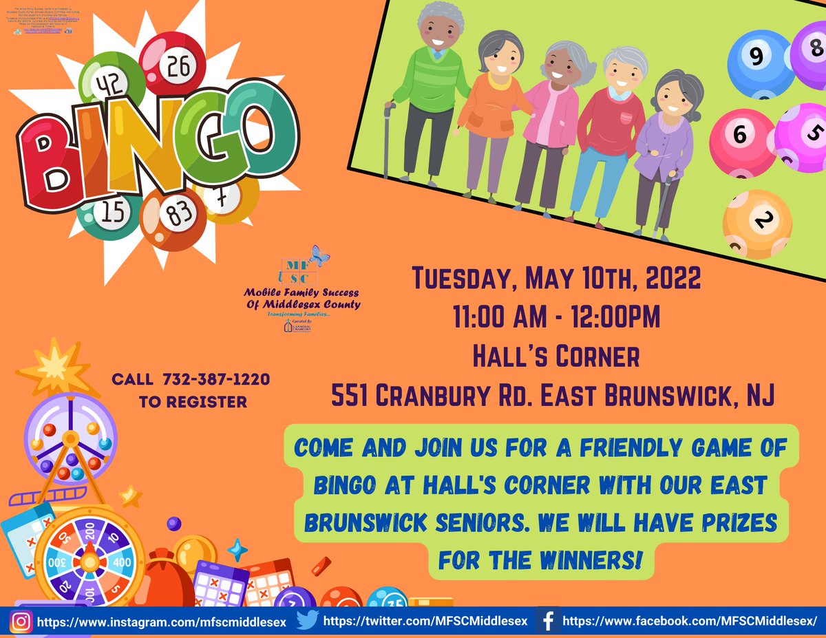 Join us this Tuesday, May 10th at 11AM for a friendly game of Bingo at Hall's Corner with our East Brunswick Seniors. We will have prizes for the winners. Don't forget to register on Eventbrite link for our May activities: mfscmay2022calendar.eventbrite.com or call us at 732-387-1220