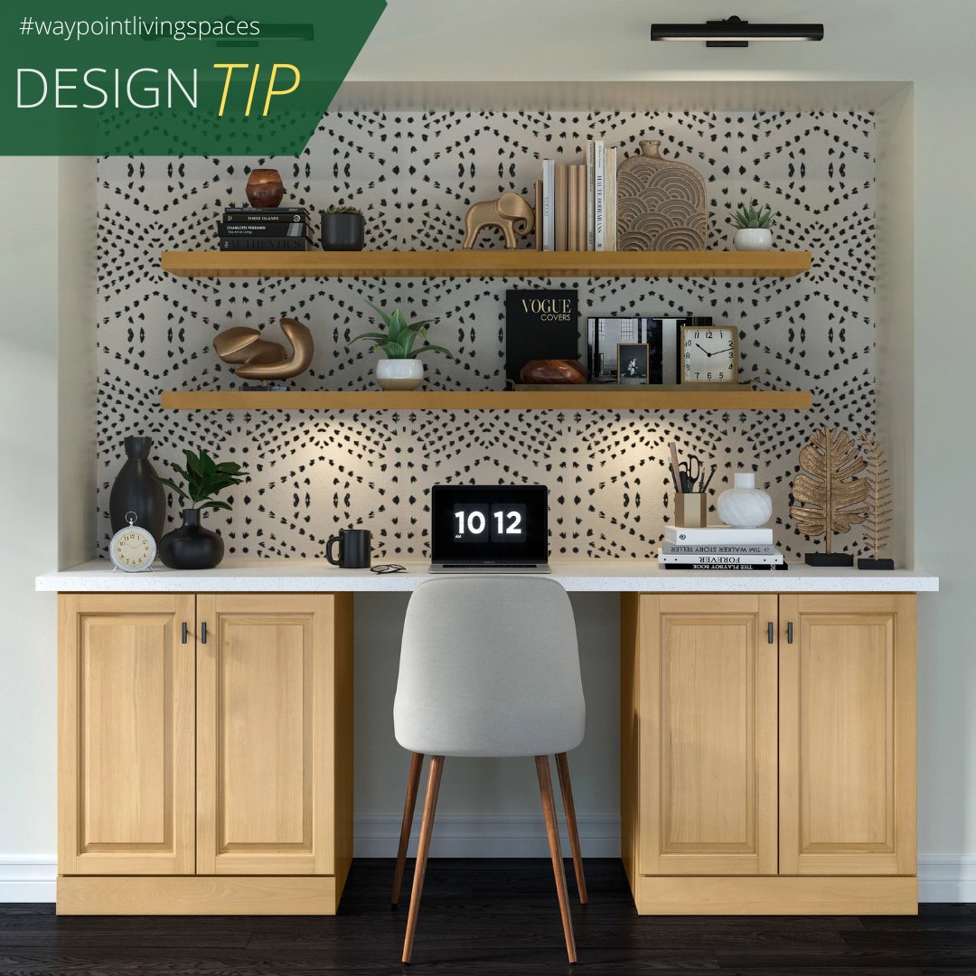 Conceal home office clutter with 460 Maple Rye cabinets. Add floating shelves to create an art-like appearance. 5 essential tips for your home office: spr.ly/6011zDNqR #waypointlivingspaces #design #homeoffice #workfromhome #home #wfh #office #homedecor #organization