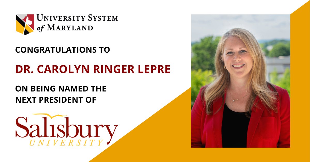 The USM is proud to share that the Board of Regents has named Dr. Carolyn Ringer Lepre as the next president of <a href="/SalisburyU/">Salisbury University</a>. She is currently the interim president of <a href="/radfordu/">Radford University</a> where she also served as provost &amp; VP for academic affairs. Welcome Dr. Lepre! usmd.edu/newsroom/news/…