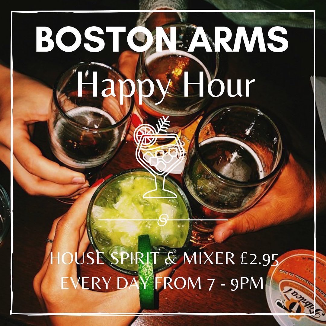 BostonArms's tweet image. We have not one, not two but THREE different happy hours! 

Officially starting today 2 for 1 cocktails every Tuesday🍸

House spirit and mixer only £2.95 every day 7 til 9pm🥃

And of course the original happy hour - All draft beer and cider from £3 between 12-5pm 🍻