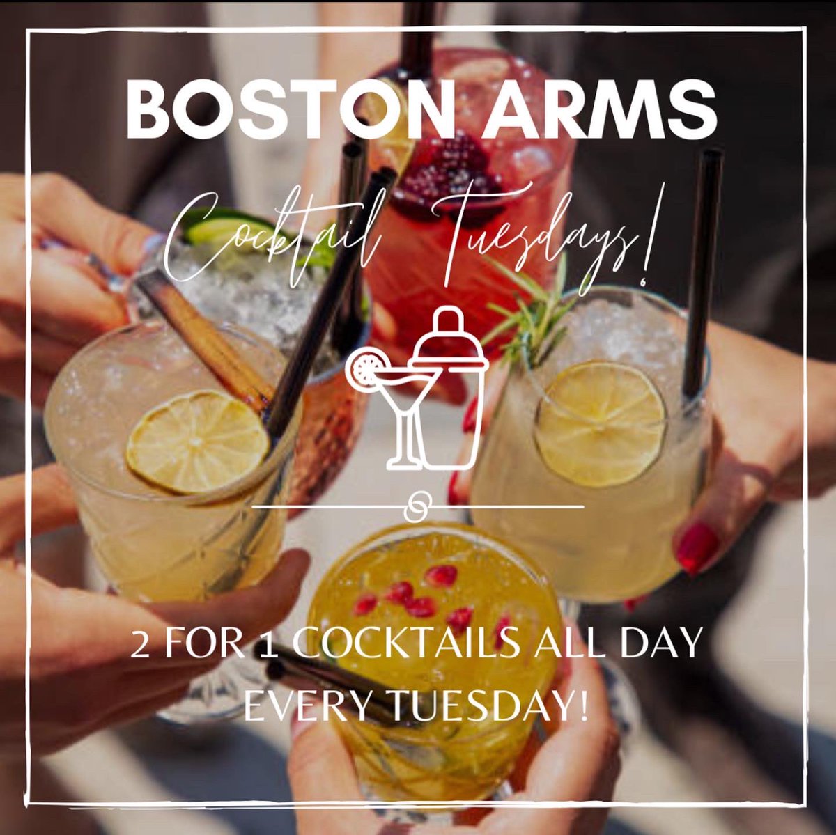 BostonArms's tweet image. We have not one, not two but THREE different happy hours! 

Officially starting today 2 for 1 cocktails every Tuesday🍸

House spirit and mixer only £2.95 every day 7 til 9pm🥃

And of course the original happy hour - All draft beer and cider from £3 between 12-5pm 🍻
