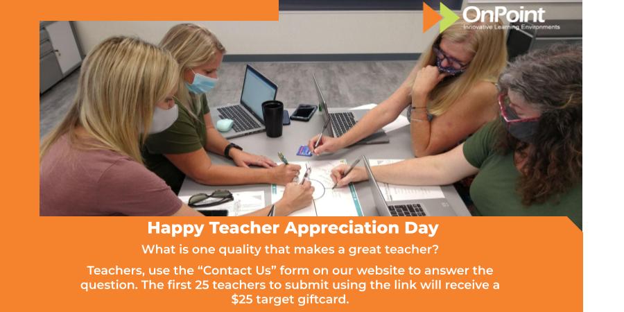 OnPointEdu's tweet photo. Happy Teacher Appreciation Day! If you are a teacher, use the link in our bio &amp; scroll down to the contact form at the bottom or click Contact Us on our website to answer the question: What is one quality that makes a great teacher? Giveaway is not affiliated w/ Twitter or Target https://t.co/VZGarJ87BQ
