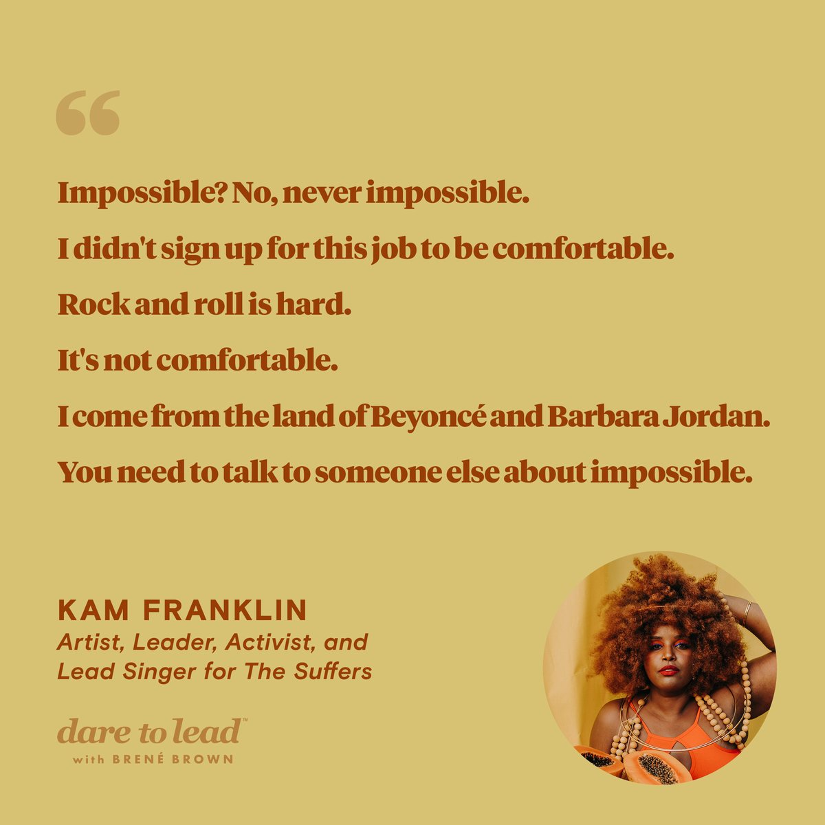 BreneBrown's tweet image. In this episode of “Dare to Lead,” Kam Franklin and I talk about what it means to lead a creative team.
She explains the daily conflict that bubbles up in the creative process and how normalizing that conflict helps get to the creative magic. @thesuffers bit.ly/3LGcgS1