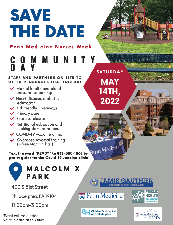 Please join us on May 14 at Malcolm X Park for a community health fair with <a href="/PennMedicine/">Penn Medicine</a>, <a href="/PHMCtweets/">PHMC</a>, and <a href="/ChildrensPhila/">Children's Hospital</a>! We'll have great resources on hand for you and your family!