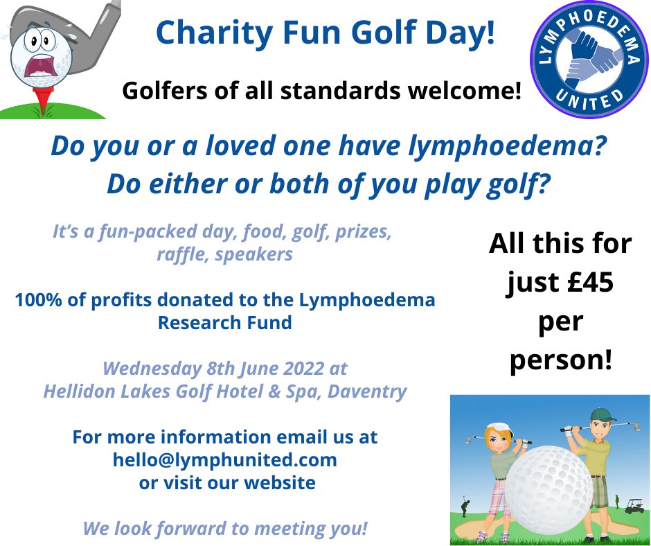 LymphUnited's tweet photo. Charity Golf Day - Unite with us for some golf, laughs, good food, games and amazing prizes AND raise £££ for the Lymphoedema Research Fund.  ALL FOR £45 entry!  #lymphies #hellidonlakes #golf #golfers #golfdays #charitygolfday #charity #lymphoedemaresearchfund #lymphoedema https://t.co/68o64pFnvh