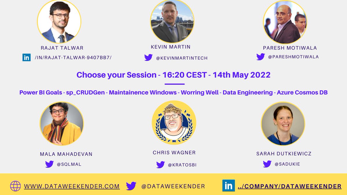 Meet our 16:20 CEST speakers. Check our full schedule on dataweekender.com/schedule and sign up to attend #DataWeekender CU5. @sqlmal @sadukie <a href="/KratosBi/">KratosBI</a> <a href="/pareshmotiwala/">Paresh Motiwala</a> <a href="/KevinMartinTech/">Kevin Martin (sp_Develop & sp_CRUDGen Author)</a>