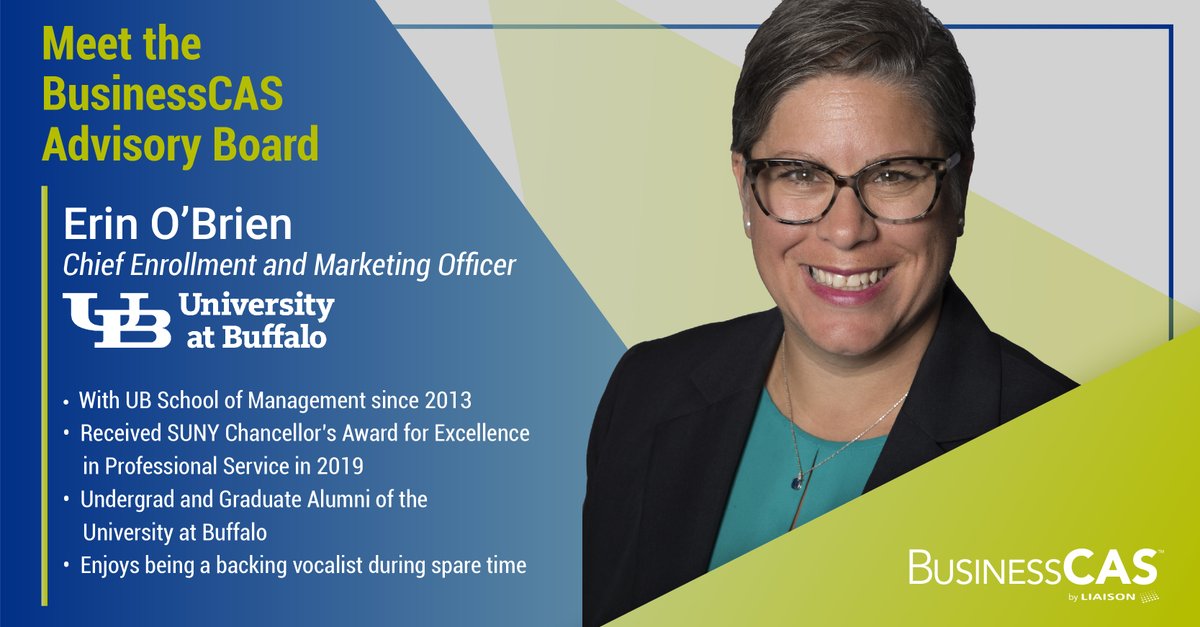 LiaisonEDU's tweet photo. #BusinessCAS โญ Meet the Advisory Board โญ Erin O'Brien, Chief Enrollment and Marketing Officer at @UBSchoolofMGT. Thank you for your dedicated years of service, Erin! #MeetBCAS https://t.co/qsE5cwEcet