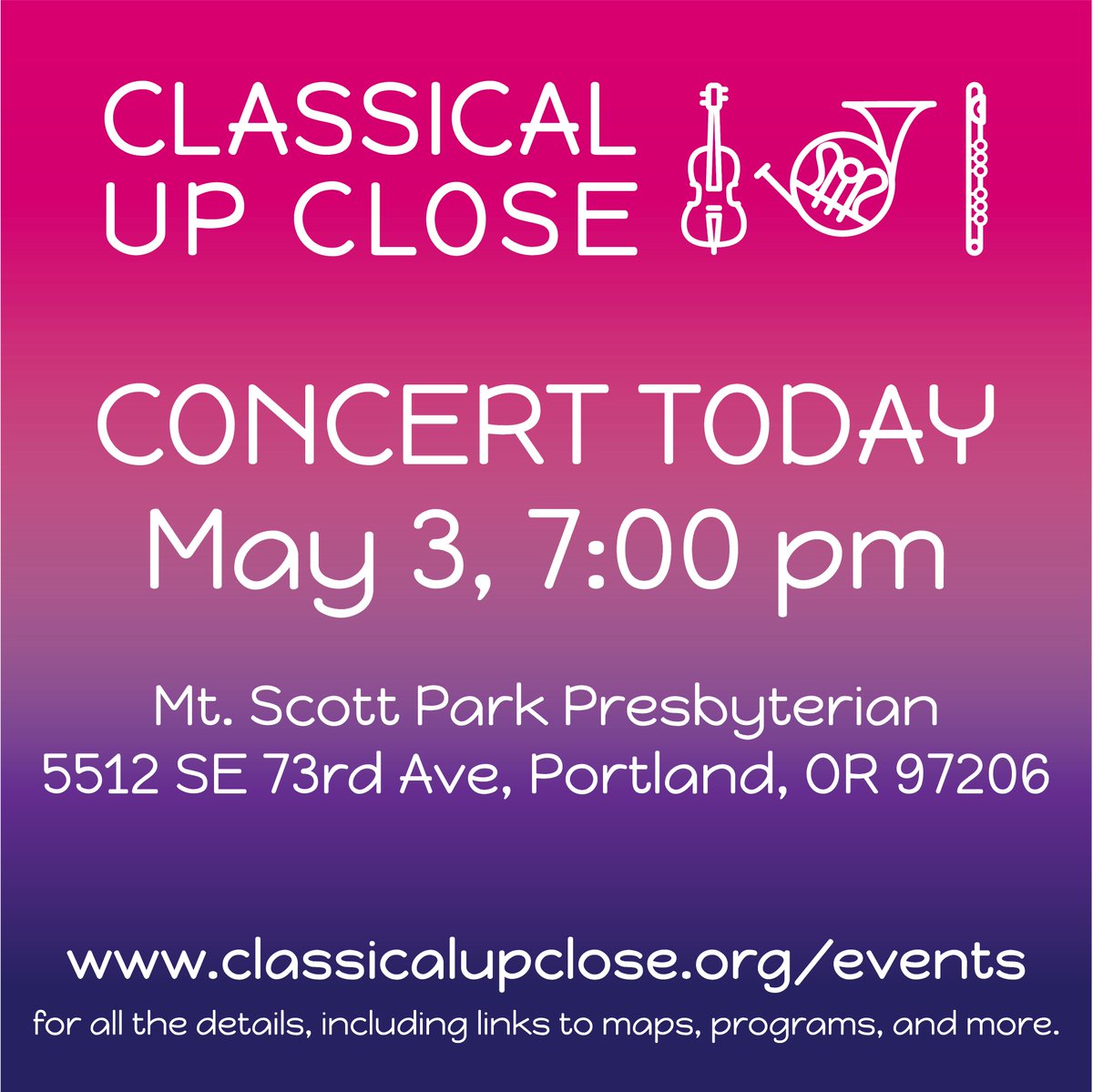 Classical Up Close returns to Mt. Scott Park Presbyterian Church! Program available at bit.ly/3MO65v8. There are no tickets for this concert — just come as you are and enjoy live music again! #upclosepdx #classicalupclose #freeconcert #portlandoregon